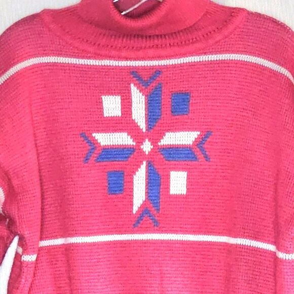 Slalom Vintage 80's Hot Pink Nordic Snowflake Design Turtleneck Knit Ski Sweater - Picture 3 of 10